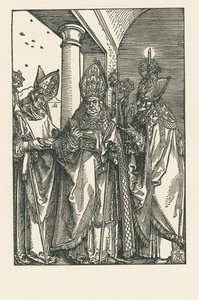 Bisschop Sint Nicolaus, de heiligen Ulrich en Erasmus, ca.1505 (houtsnede) door Albrecht Dürer or Duerer
