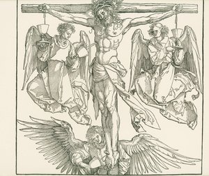 Christus aan het kruis met drie engelen, c.1513 (houtsnede) door Albrecht Dürer or Duerer