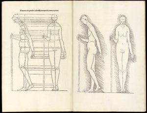 Vrouw met staf, anatomische houtsnede uit Hierinn sind begriffen vier bücher von menschlicher Proportion, 1528