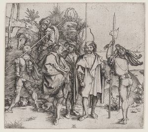 Vijf Soldaten en een Turk te Paard door Albrecht Dürer