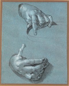 Handen - Twee studies (krijttekening op blauw papier) door Albrecht Dürer or Duerer