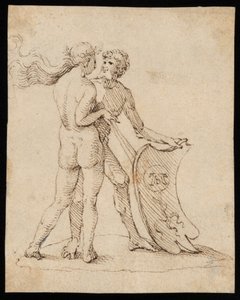 Naakte vrouw en man met het schild met het wapen van Willibald Pirckheimer door Albrecht Dürer