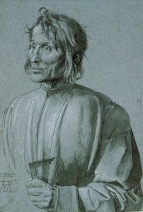 Portret van een architect (Hieronimus von Augsburg) - Tekening door Albrecht Durer (1471-1528), Pen, penseel, zwarte inkt en witte kleur op donkerblauw papier 1506 - Staatliche Museen, Berlijn