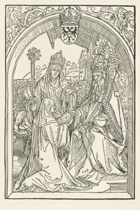 Roswitha presenteert in aanwezigheid van haar nicht Gerba, de abdis van Gandersheim, haar werken aan keizer Otto I door Albrecht Dürer or Duerer