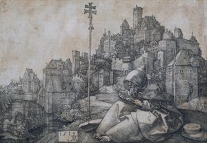 Sint Antonius zittend tegenover een stad door Albrecht Dürer