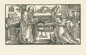 Heilige Birgitta in haar kamer overhandigt haar werk aan een bisschop door Albrecht Dürer or Duerer