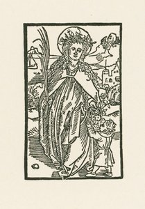 Heilige Dorothea. Illustratie bij Hortulus Anime. Gedrukt door Michael Furter, Bazel door Albrecht Dürer or Duerer