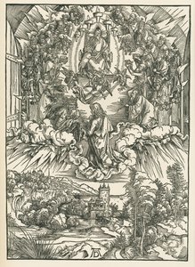 Johannes voor God en de vierentwintig oudsten in de hemel. De Openbaring van Johannes, ca. 1496 (houtsnede) door Albrecht Dürer or Duerer