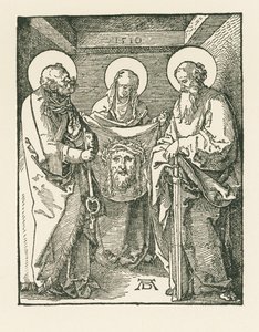 De heilige Veronica tussen de heiligen Petrus en Paulus - Het Sudarium van de heilige Veronica door Albrecht Dürer or Duerer