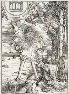 Scène uit de Apocalyps, St. Johannes eet het Boek, Latijnse editie door Albrecht Dürer
