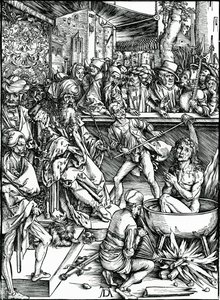 St. Johannes de Evangelist wordt gemarteld in een vat kokende olie, uit de 