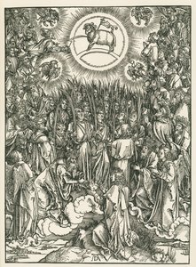 De aanbidding van het Lam en de lofzang van de uitverkorenen. De Openbaring van Johannes, ca. 1496-97 (houtsnede) door Albrecht Dürer or Duerer
