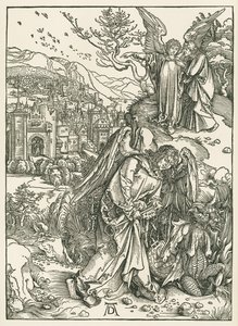 De engel met de sleutel die de draak in de afgrond werpt en een andere engel die de heilige Johannes het nieuwe Jeruzalem toont, ca. 1497-98 (houtsnede) door Albrecht Dürer or Duerer
