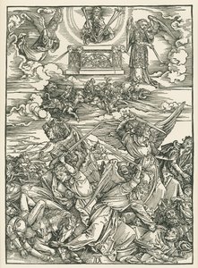 De strijd der engelen. De Openbaring van Johannes, ca. 1496-98 (houtsnede) door Albrecht Dürer or Duerer