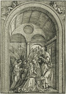 De Heilige Familie met twee engelen in een gewelfde hal door Albrecht Dürer or Duerer