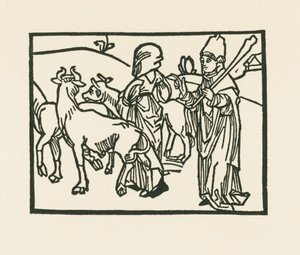 De priester in zijn gewaad drijft vee uit en voor hem gaat de dienstmaagd, c.1489-90 (houtsnede) door Albrecht Dürer or Duerer