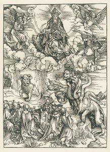 Het zeemonster en het beest met de horens van het lam. De Openbaring van Johannes, ca. 1496-97 (houtsnede) door Albrecht Dürer or Duerer