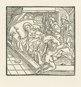 De edele dame in afwachting die haar honden zo goed te eten gaf, maar de armen liet verhongeren, wordt na haar dood door de honden afgelikt tot ze zwart wordt als steenkool door Albrecht Dürer or Duerer