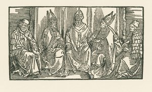 Drie bisschoppen en twee monniken door Albrecht Dürer or Duerer