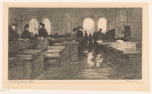 Interieur van de Vismarkt op de Nieuwmarkt in Amsterdam door Albrecht Felix Reicher (signed by artist)