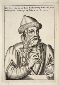 John Guttemberg, uit Mechanick Exercises: or The Doctrine of Handy-Works applied to the Art of Printing, uitgegeven 1683