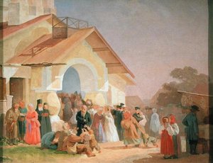 Uit een kerk komen in Pskov door Aleksandr Ivanovich Morozov