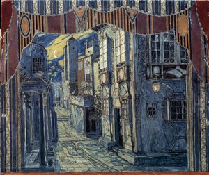 Decorontwerp voor de opera De Barbier van Sevilla van Gioachino Rossini. Stedelijk landschap verlicht door een halve maan, Spaanse gevels en geplaveide straten. Werk van een Russische meester
