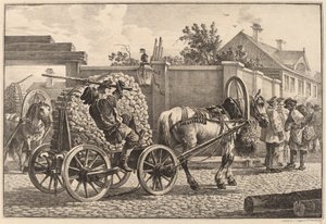Russische drager die hout op een kar vervoert