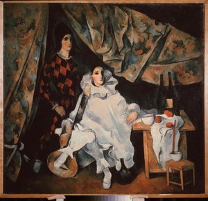 De jonglerende broers Cyrano. (in kostuum van Pierrot en Arlecchino)
