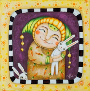 Lachend figuurtje en konijntjes