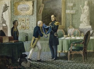 Keizer Nicolaas I kent het blauwe lint van de Orde van St. Andreas toe aan graaf Michail Speranski, 1880