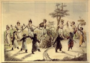 Allegorie van de twaalf maanden van het jaar. Twaalf personages (kinderen, vrouw, man), elk gekenmerkt door een symbolisch accessoire of een detail van hun kostuum, dansen rond een gekroonde oude man door Aleksei Gavrilovich Venetsianov