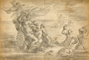 Venus Zittend in haar Zeewagen Zoogt Cupido