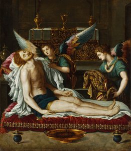 Het lichaam van Christus gezalfd door twee engelen