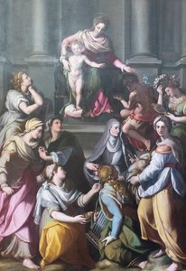 Madonna op de troon met Kind, omringd door heiligen en figuren door Alessandro Allori