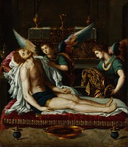 Het lichaam van Christus gezalfd door twee engelen
