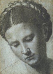 Hoofd van een vrouw met gevlochten haar door Alessandro Bonvicino Moretto