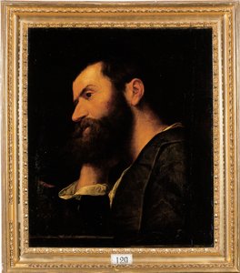 Portret van de dichter Pietro Aretino, borstbeeld, rustend met zijn hoofd op zijn rechterhand bij een rand met een plant door Alessandro Bonvicino Moretto