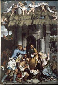 De aanbidding van de herders door Alessandro Bonvicino Moretto