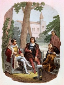 Fabrizio Colonna en Cosimo Rucellai bespreken de kunst van oorlog - in "Complete Werken van Niccolo Machiavelli", illustratie door Alessandro Focosi (1836 - 1869). "De Kunst van Oorlog" door Niccolo di Bernardo dei Machiavelli (Nicolas Machiavel)