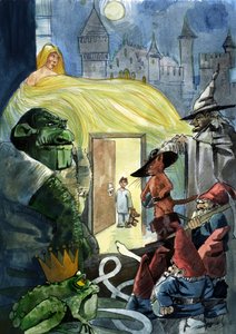 Een kind dat naar de personages van de sprookjes staart zoals De gelaarsde kat, een prinses en een pad, Zeven Dwergen door Alessandro Lonati