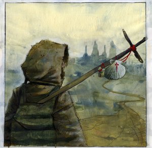 Een pelgrim op de weg naar Santiago de Compostela met het schelpsymbool van Sint Jacob Spanje Illustratie door Alessandro Lonati door Alessandro Lonati