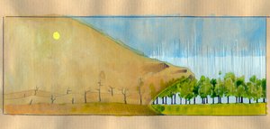 Allegorie van ontbossing, een landschap van dode bomen als een monster dat het bos verslindt door Alessandro Lonati