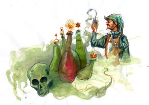 Een alchemist in zijn laboratorium omringd door flessen en destilleerapparaten die de inhoud van een fles onderzoekt