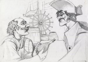 Caraïbische piraat in een herberg met een fles (Illustratie) door Alessandro Lonati