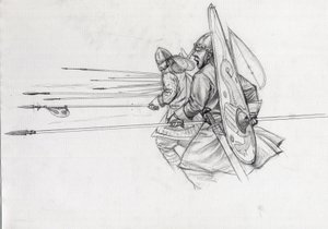 Aanval van Normandische krijgers van de infanterie tijdens de slag bij Hastings in 1066 door Alessandro Lonati