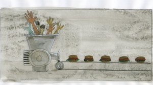 Consumptiemaatschappij: productie van junkfood, hamburger gemaakt van menselijke en dierlijke resten Illustratie door Alessandro Lonati door Alessandro Lonati