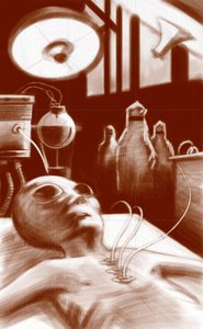 Fantastisch wezen: een buitenaards wezen onderworpen aan laboratoriumtests. door Alessandro Lonati