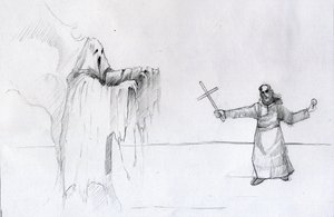 Gevecht tussen een monnik met een crucifix en een geest door Alessandro Lonati