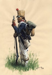 Eerste Keizerrijk (1804-1814 en 1815): Franse infanteriesoldaat van het grote Napoleontische leger in veldkleding